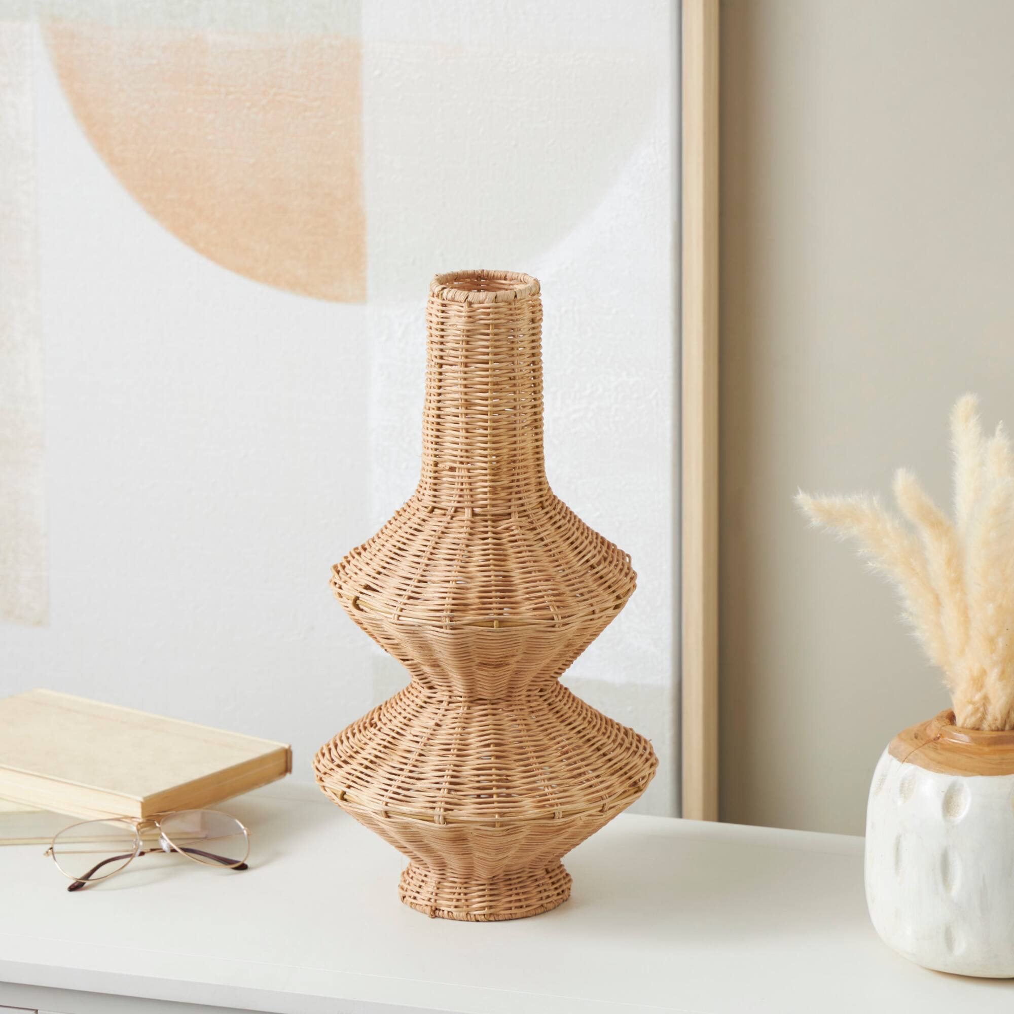 16" Brown Rattan Handmade Fluted Hourglass Vase
